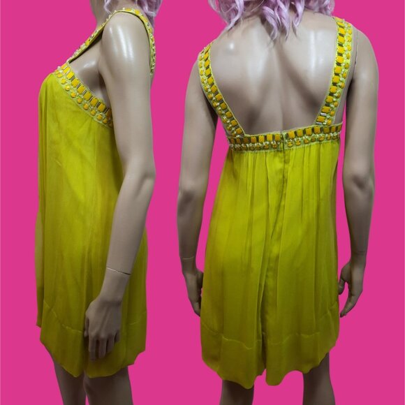 Y2K BCBG Chartreuse Green Silk Dress Size 2 Beaded Flowy Sleeveless Above Knee - Picture 5 of 7